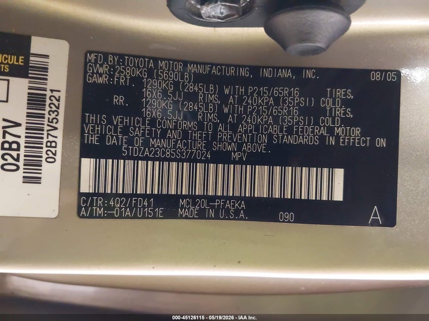 2005 Toyota Sienna VIN 5TDZA23C85S377024 IAAI salvage auction — NORMAL WEAR, Salvage (Texas), sold $250 on 2026-07-20 (photo 9)