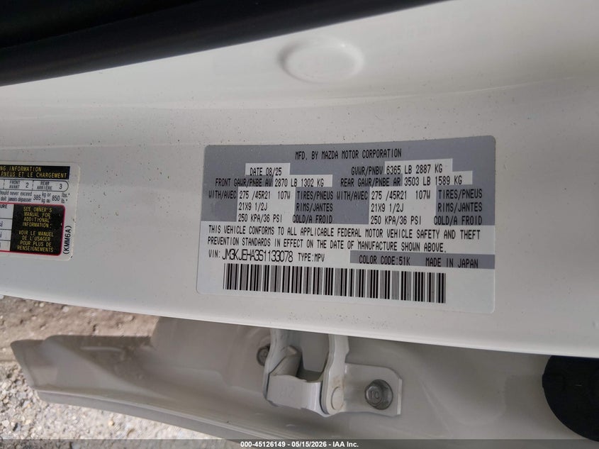 2025 Mazda Cx-70 VIN JM3KJEHA3S1133078 IAAI salvage auction — FRONT END, Salvage - 75% Or Less (Maryland), sold $15,250 on 2026-07-13 (photo 9)