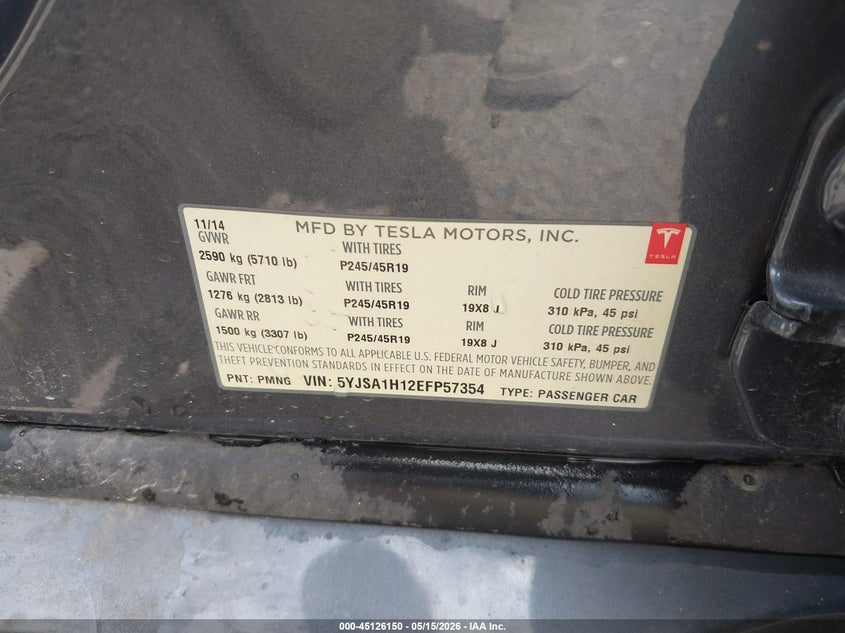 2014 Tesla Model s VIN 5YJSA1H12EFP57354 IAAI salvage auction — FRONT END, Salvage (Texas), sold $1,100 on 2026-07-29 (photo 9)