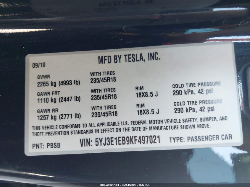 2019 Tesla Model 3 VIN 5YJ3E1EB9KF497021 IAAI salvage auction — REAR END, Rebuildable (Florida), sold $9,900 on 2026-07-09 (photo 9)
