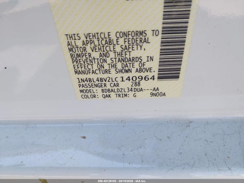 2020 Nissan Altima VIN 1N4BL4BV2LC140964 IAAI salvage auction — FRONT END, Salvage (Arkansas), sold $1,225 on 2026-07-18 (photo 9)