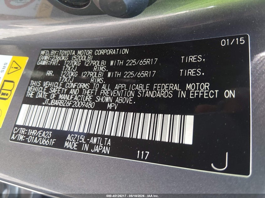 2015 Lexus Nx VIN JTJBARBZ6F2009480 IAAI salvage auction — REAR END, Salvage (South Carolina), sold $6,300 on 2026-07-07 (photo 9)