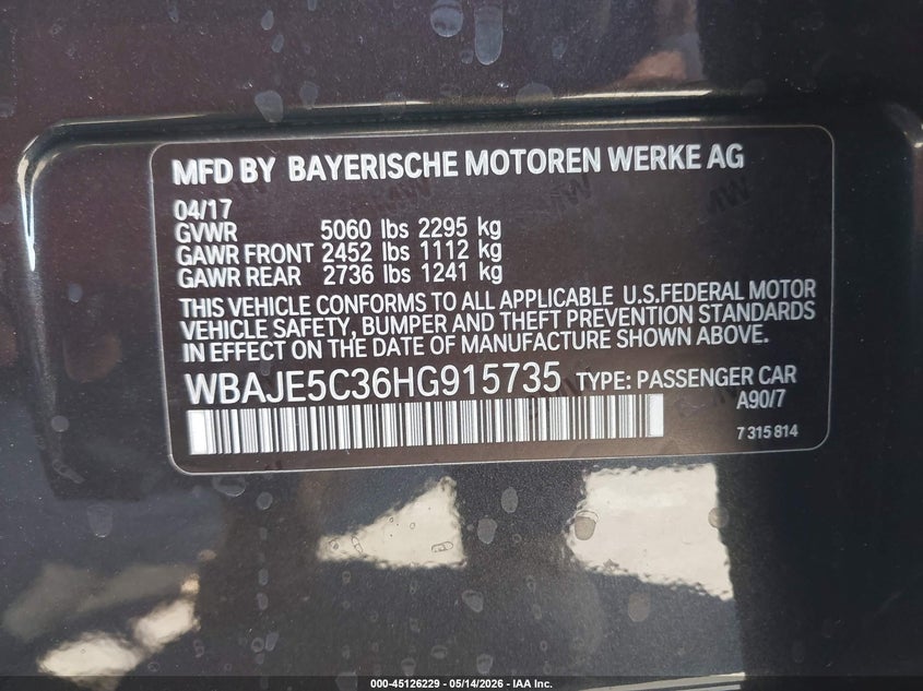 2017 BMW 5er VIN WBAJE5C36HG915735 IAAI salvage auction — LEFT SIDE, Salvage (Arizona), sold $5,200 on 2026-07-28 (photo 9)