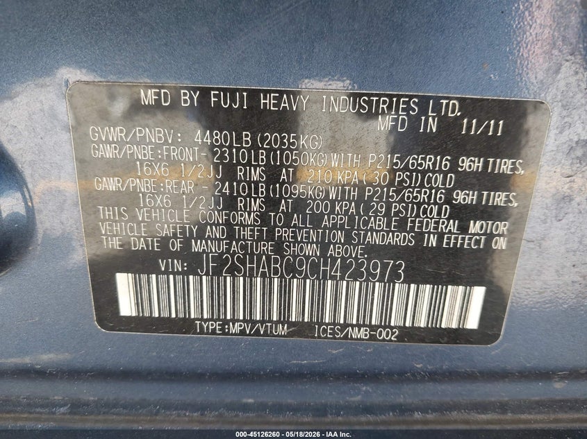 2012 Subaru Forester VIN JF2SHABC9CH423973 IAAI salvage auction — REAR END, Original (Texas), sold $650 on 2026-07-22 (photo 9)