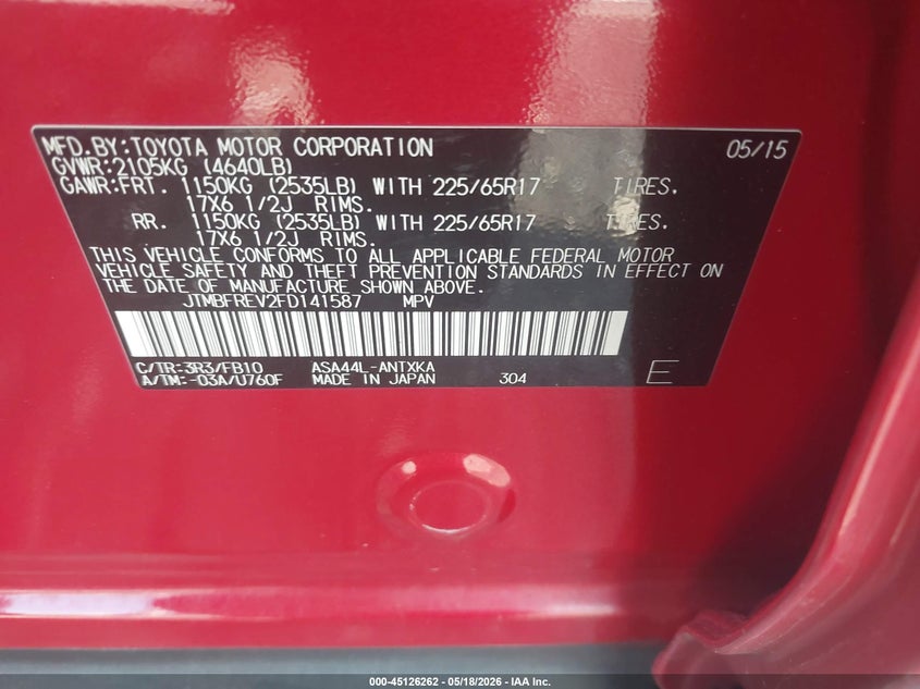 2015 Toyota Rav 4 VIN JTMBFREV2FD141587 IAAI salvage auction — REAR END, Salvage (Massachusetts), sold $3,250 on 2026-07-17 (photo 9)