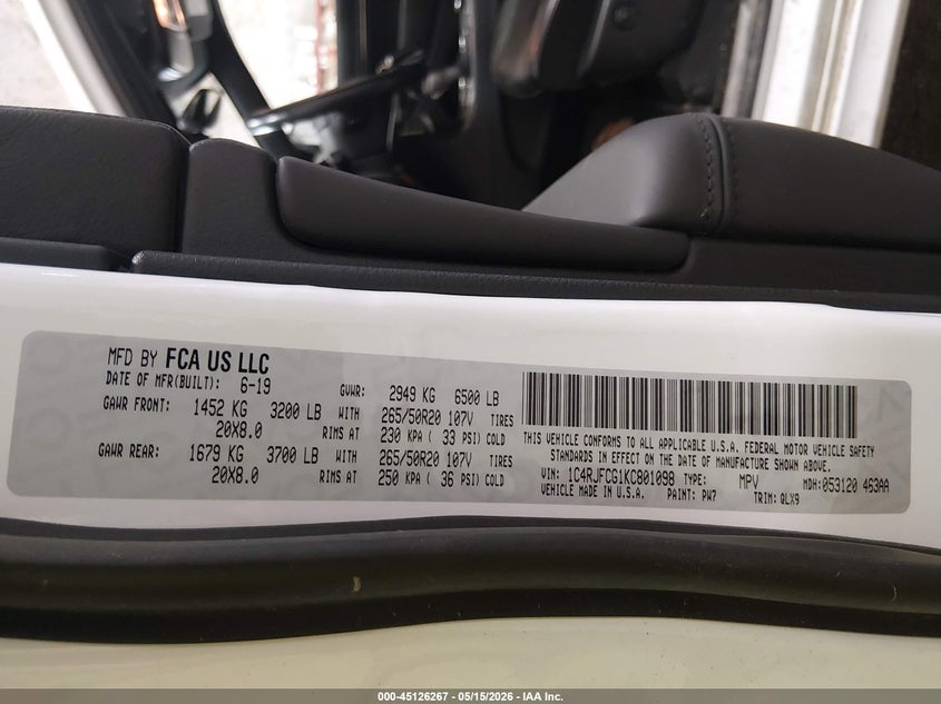 2019 Jeep Grand cherokee VIN 1C4RJFCG1KC801098 IAAI salvage auction — ROOF, Bill Of Sale (Alaska), sold $5,300 on 2026-07-23 (photo 9)