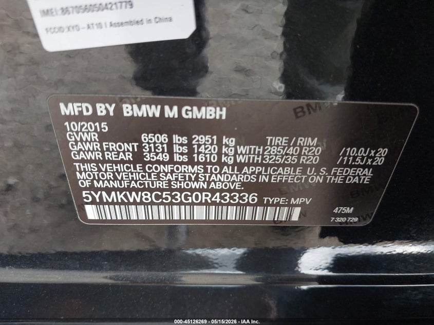 2016 BMW X6 m VIN 5YMKW8C53G0R43336 IAAI salvage auction — REAR END, Salvage (Pennsylvania), sold $12,850 on 2026-07-10 (photo 9)