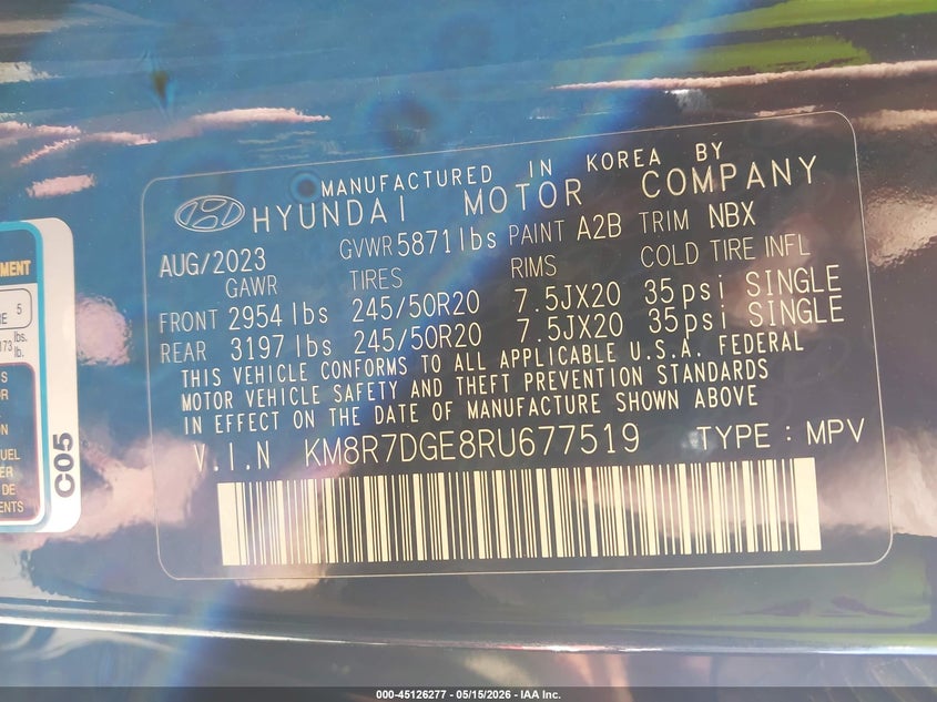 2024 Hyundai Palisade VIN KM8R7DGE8RU677519 IAAI salvage auction — REAR END, Salvage (North Carolina), sold $225 on 2026-07-28 (photo 9)