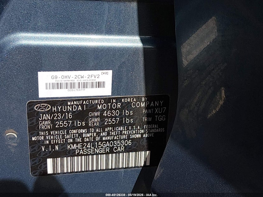 2016 Hyundai Sonata VIN KMHE24L15GA035306 IAAI salvage auction — FRONT END, Salvage (New Mexico), sold $900 on 2026-07-20 (photo 9)