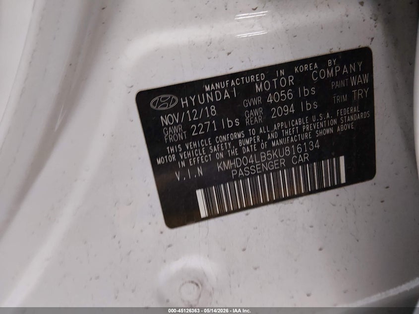 2019 Hyundai Elantra VIN KMHD04LB5KU816134 IAAI salvage auction — REAR END, Salvage (Arizona), sold $3,250 on 2026-07-07 (photo 9)