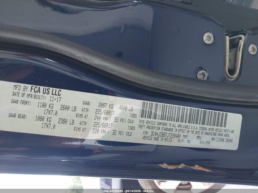 2018 Jeep Compass VIN 3C4NJDBB7JT239400 IAAI salvage auction — FRONT END, Rebuildable (Florida), sold $1,950 on 2026-07-24 (photo 9)
