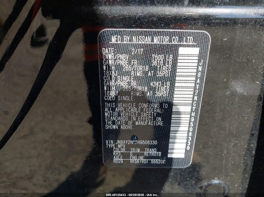 2017 Nissan Armada VIN JN8AY2NC7H9508330 IAAI salvage auction — FRONT END, Salvage - Greater Than 75% (Maryland), sold $3,700 on 2026-07-22 (photo 9)