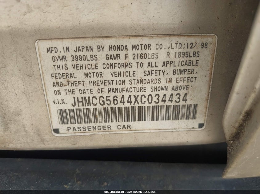 1999 Honda Accord VIN JHMCG5644XC034434 IAAI salvage auction — REAR END, Salvage (Idaho), sold $100 on 2026-07-06 (photo 9)