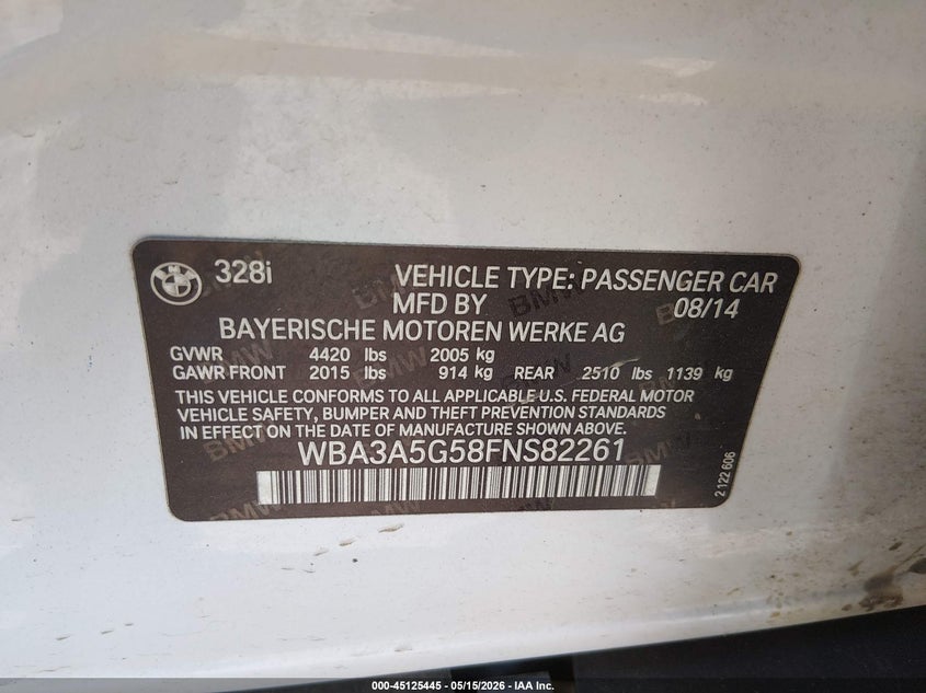 2015 BMW 3er VIN WBA3A5G58FNS82261 IAAI salvage auction — LEFT SIDE, Salvage (Ohio), sold $1,350 on 2026-07-28 (photo 9)