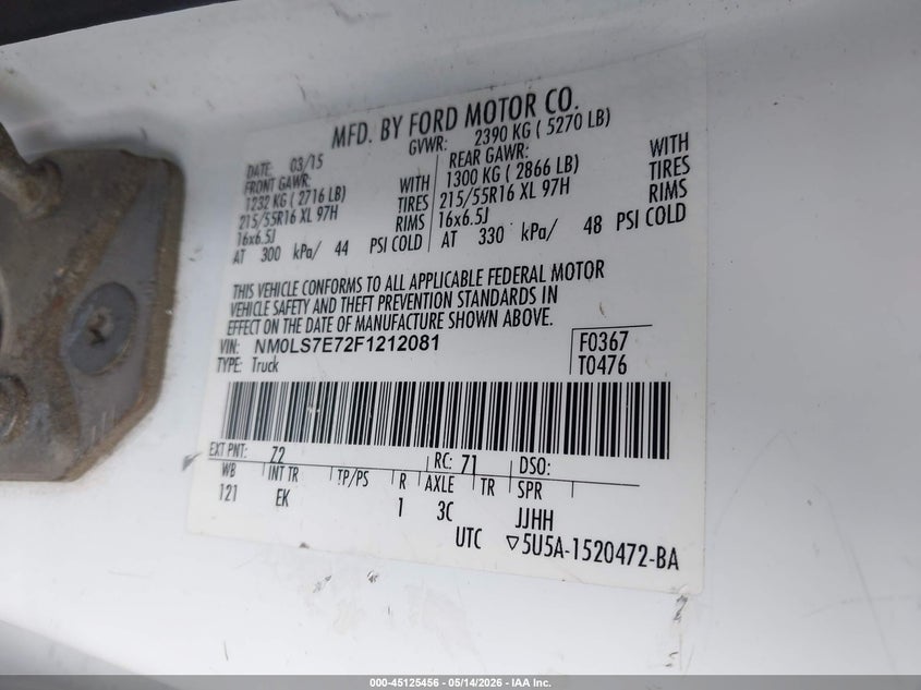 2015 Ford Transit VIN NM0LS7E72F1212081 IAAI salvage auction — NORMAL WEAR, Clear (New York), sold $1,650 on 2026-07-21 (photo 9)