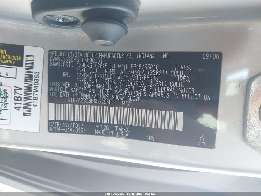 2006 Toyota Sienna VIN 5TDZA23C86S553958 IAAI salvage auction — NORMAL WEAR, Clear-Endorsement (Wisconsin), sold $550 on 2026-07-16 (photo 9)