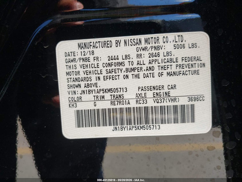 2019 Infiniti Q70 VIN JN1BY1AP5KM505713 IAAI salvage auction — SIDE, Salvage (Texas), sold $925 on 2026-07-30 (photo 9)