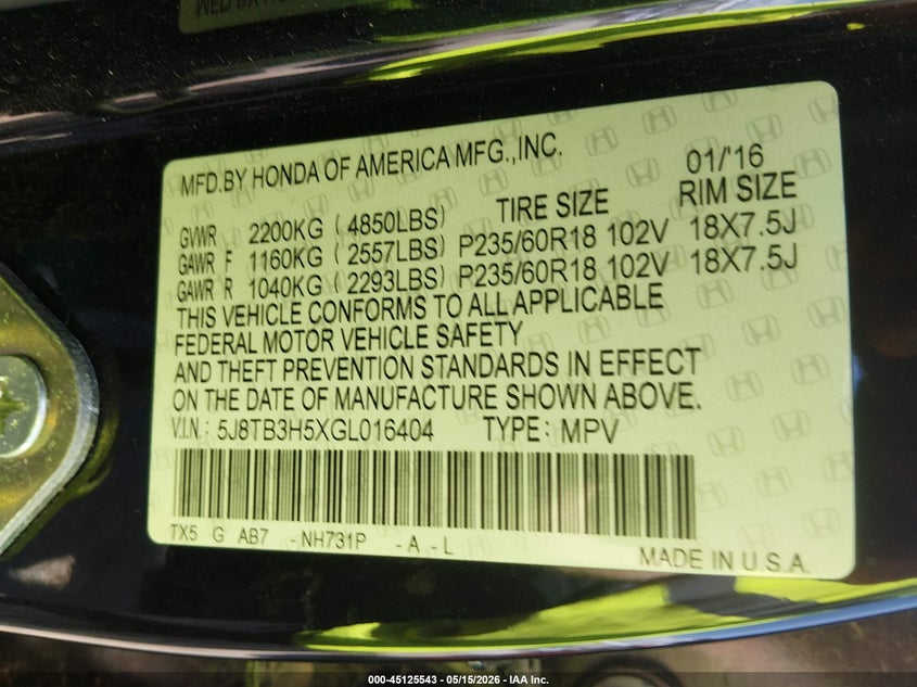 2016 Acura Rdx VIN 5J8TB3H5XGL016404 IAAI salvage auction — REAR END, Clear (Oklahoma), sold $4,050 on 2026-07-29 (photo 9)