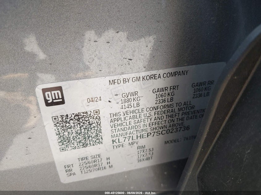 2025 Chevrolet Trax VIN KL77LHEP7SC023736 IAAI salvage auction — HAIL, Salvage Title, sold $9,000 on 2026-07-14 (photo 9)