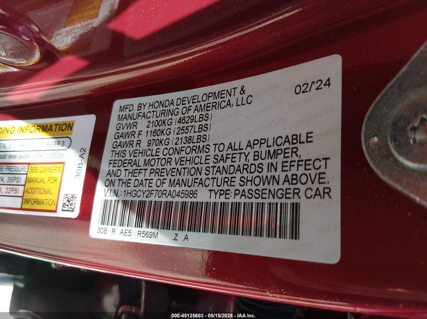 2024 Honda Accord VIN 1HGCY2F70RA045986 IAAI salvage auction — FRONT END, Salvage (Mississippi), sold $9,200 on 2026-07-29 (photo 9)