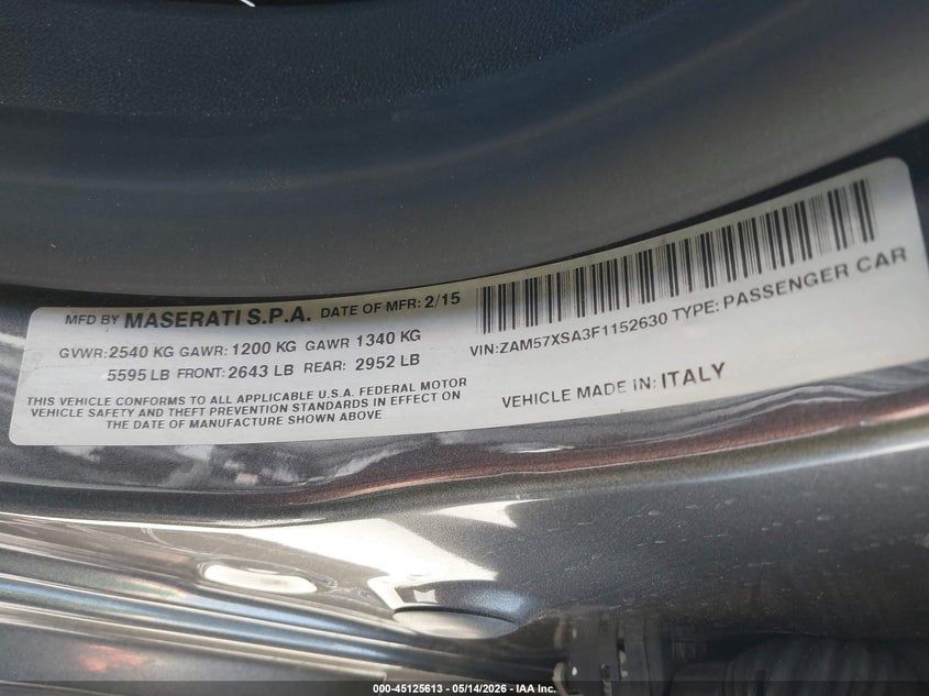 2015 Maserati Ghibli VIN ZAM57XSA3F1152630 IAAI salvage auction — FRONT & REAR, Salvage (California), sold $2,100 on 2026-07-09 (photo 9)
