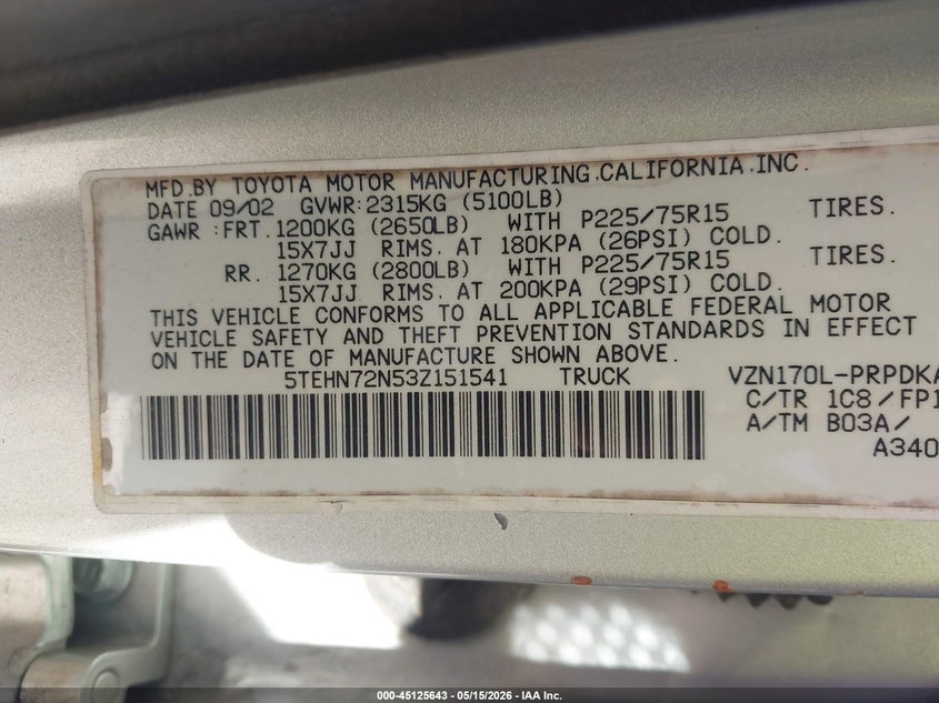 2003 Toyota Tacoma VIN 5TEHN72N53Z151541 IAAI salvage auction — FRONT END, Salvage (Georgia), sold $5,500 on 2026-07-15 (photo 9)