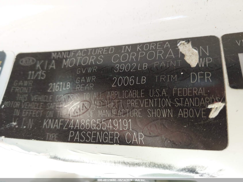 2016 Kia Forte VIN KNAFZ4A86G5549191 IAAI salvage auction — FRONT & REAR, Salvage (Indiana), sold $1,325 on 2026-07-08 (photo 9)