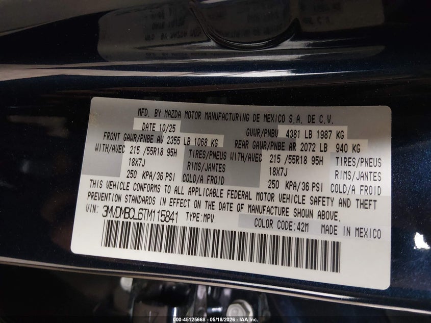2026 Mazda Cx-30 VIN 3MVDMBCL6TM115841 IAAI salvage auction — BIOHAZARD/CHEMICAL, Certificate Of Destruction (Florida), sold $1,000 on 2026-07-10 (photo 9)