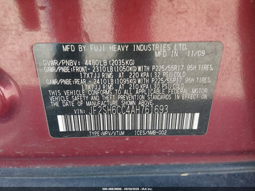 2010 Subaru Forester VIN JF2SH6CC4AH761693 IAAI salvage auction — LEFT FRONT, Salvage (Idaho), sold $1,200 on 2026-07-09 (photo 9)