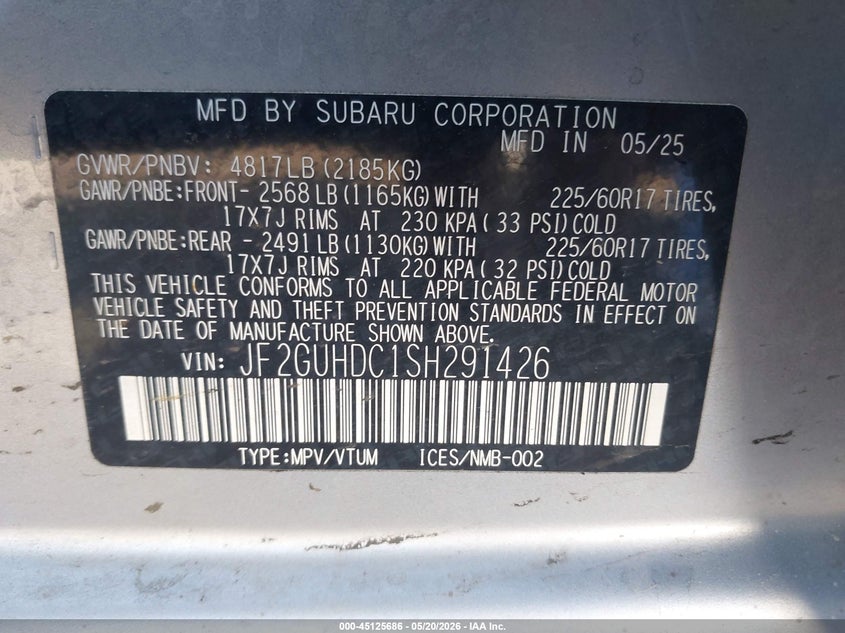 2025 Subaru Xv VIN JF2GUHDC1SH291426 IAAI salvage auction — REAR END, Salvage (Virginia), sold $8,200 on 2026-07-21 (photo 9)