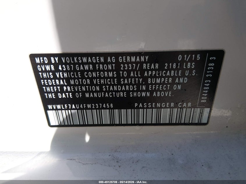 2015 Volkswagen Golf r VIN WVWLF7AU4FW237456 IAAI salvage auction — FRONT END, Salvage (Missouri), sold $3,850 on 2026-07-07 (photo 9)