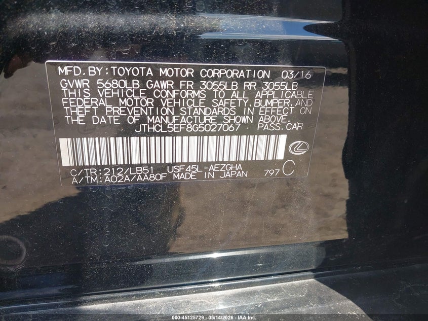 2016 Lexus Ls VIN JTHCL5EF8G5027067 IAAI salvage auction — FRONT END, Salvage - Greater Than 75% (Maryland), sold $6,675 on 2026-07-28 (photo 9)