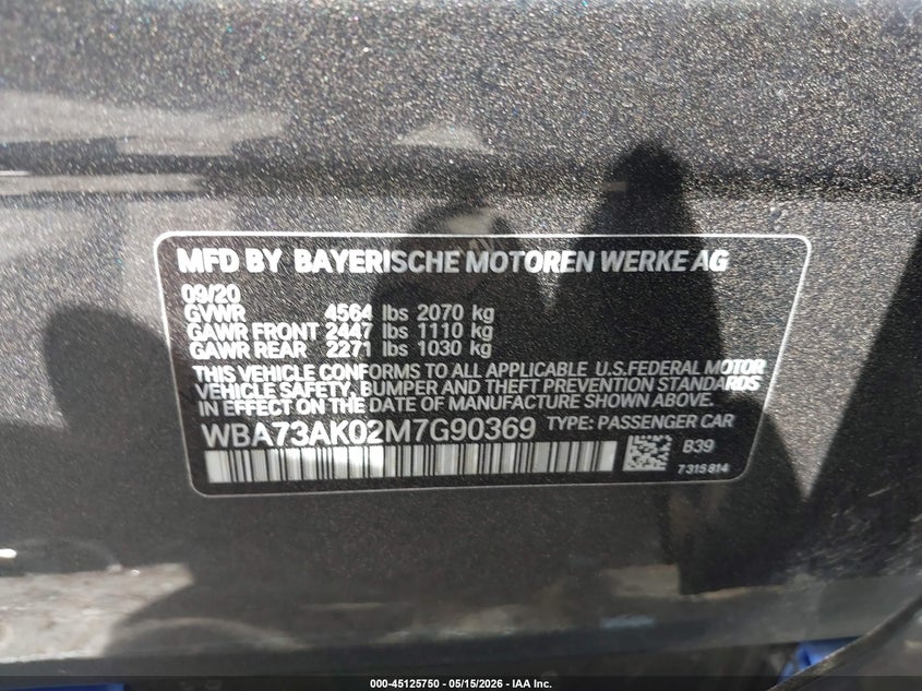 2021 BMW 2er VIN WBA73AK02M7G90369 IAAI salvage auction — FRONT END, Salvage (Texas), sold $2,400 on 2026-07-28 (photo 9)