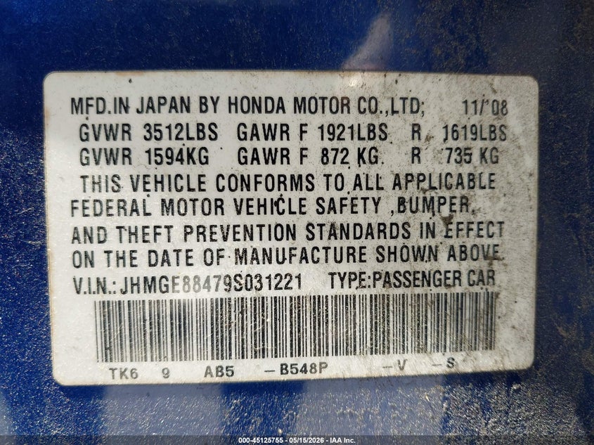 2009 Honda Fit VIN JHMGE88479S031221 IAAI salvage auction — FRONT END, Salvage (North Carolina), sold $875 on 2026-07-13 (photo 9)