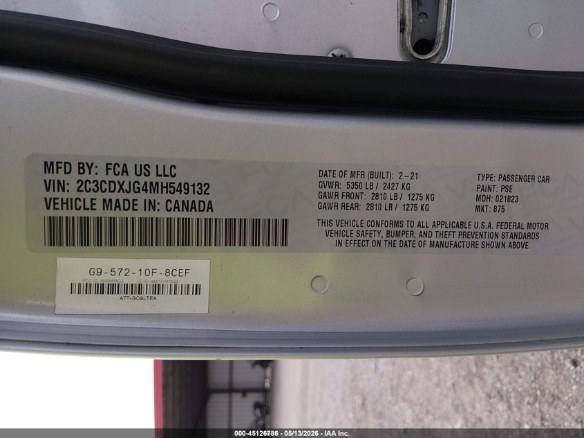 2021 Dodge Charger VIN 2C3CDXJG4MH549132 IAAI salvage auction — FRONT END, Sf97 (Maryland), sold $25 on 2026-07-21 (photo 9)