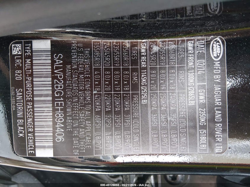 2014 Land rover Range rover evoque VIN SALVP2BG1EH894406 IAAI salvage auction — REAR END, Salvage (Mississippi), sold $1,550 on 2026-07-08 (photo 9)