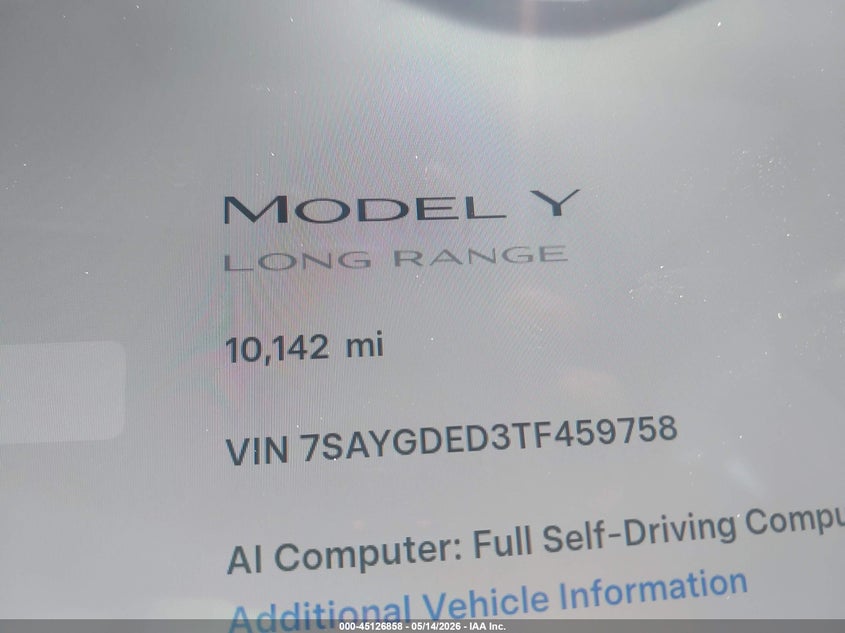 2026 Tesla Model y VIN 7SAYGDED3TF459758 IAAI salvage auction — FRONT END, Salvage (California), sold $15,600 on 2026-07-30 (photo 7)
