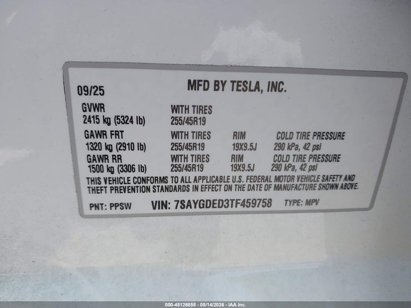 2026 Tesla Model y VIN 7SAYGDED3TF459758 IAAI salvage auction — FRONT END, Salvage (California), sold $15,600 on 2026-07-30 (photo 9)