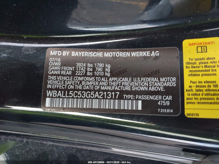 2016 BMW Z4 VIN WBALL5C53G5A21317 IAAI salvage auction — FRONT END, Rebuildable (Florida), sold $1,550 on 2026-07-16 (photo 9)