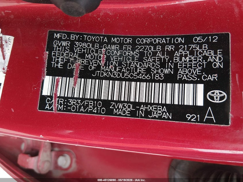 2012 Toyota Prius VIN JTDKN3DU5C5466183 IAAI salvage auction — HAIL, Salvage (Kansas), sold $2,500 on 2026-08-01 (photo 9)