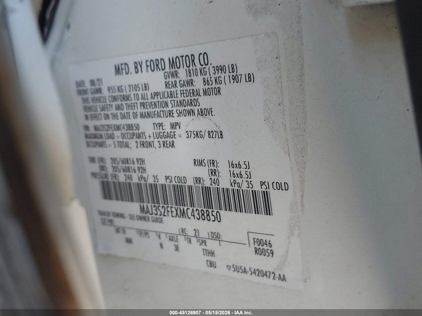 2021 Ford Ecosport VIN MAJ3S2FEXMC438850 IAAI salvage auction — SIDE, Salvage (Georgia), sold $2,200 on 2026-07-17 (photo 9)