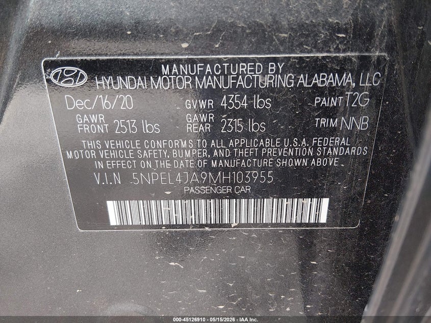 2021 Hyundai Sonata VIN 5NPEL4JA9MH103955 IAAI salvage auction — HAIL, Salvage (Ohio), sold $3,250 on 2026-07-28 (photo 9)
