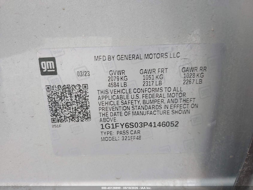 2023 Chevrolet Bolt euv VIN 1G1FY6S03P4146052 IAAI salvage auction — FRONT END, Certificate Of Destruction (Florida), sold $5,000 on 2026-07-09 (photo 9)