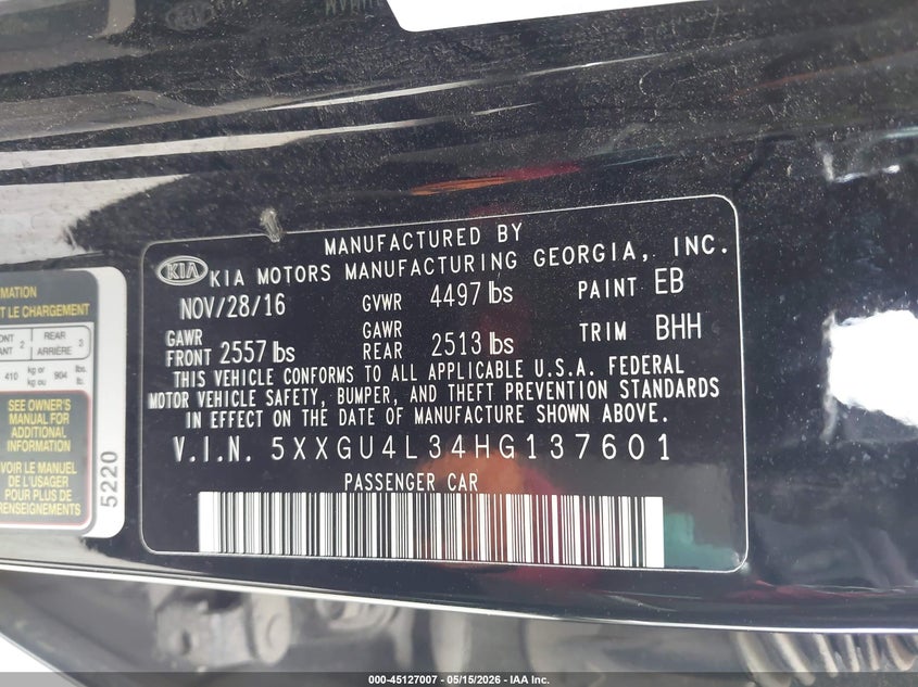 2017 Kia Optima VIN 5XXGU4L34HG137601 IAAI salvage auction — FRONT END, Original (Texas), sold $1,625 on 2026-07-07 (photo 9)