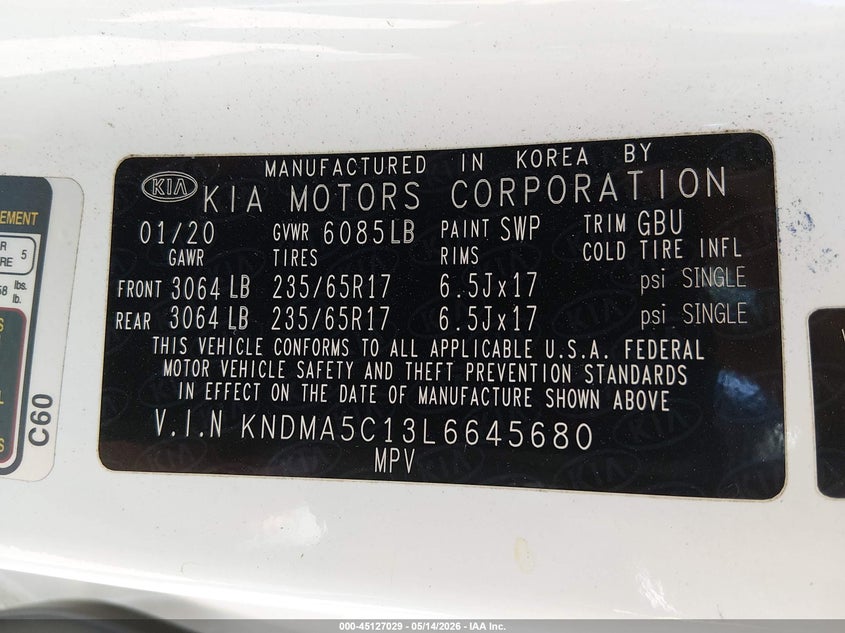 2020 Kia SEDONA VIN KNDMA5C13L6645680 IAAI salvage auction — LEFT & RIGHT, Salvage (South Carolina), sold $1,200 on 2026-07-15 (photo 9)