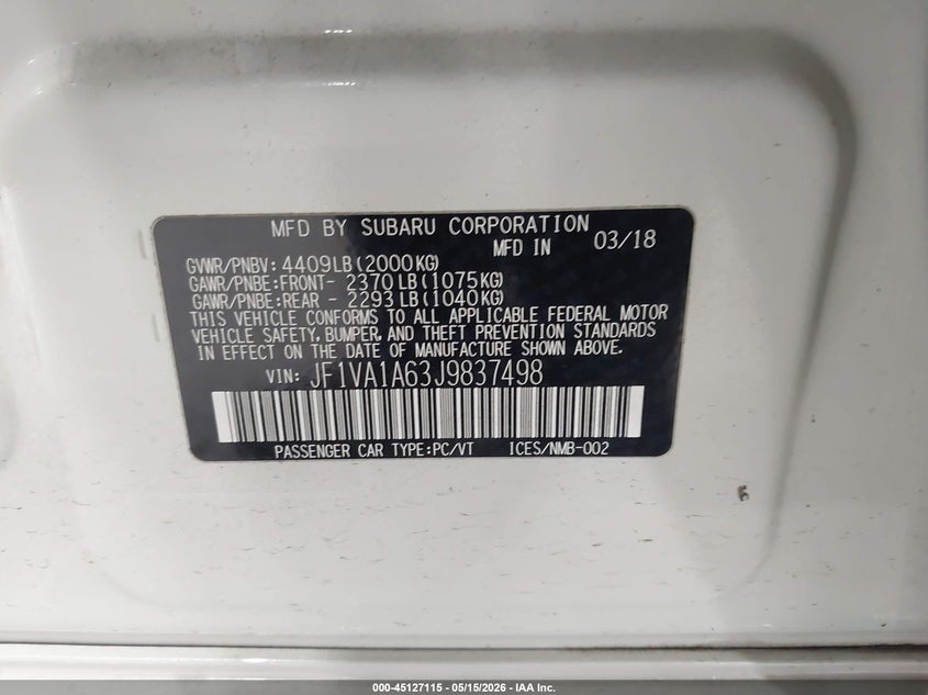 2018 Subaru Wrx VIN JF1VA1A63J9837498 IAAI salvage auction — FRONT END, Mv-907A (New York), sold $2,250 on 2026-07-08 (photo 9)