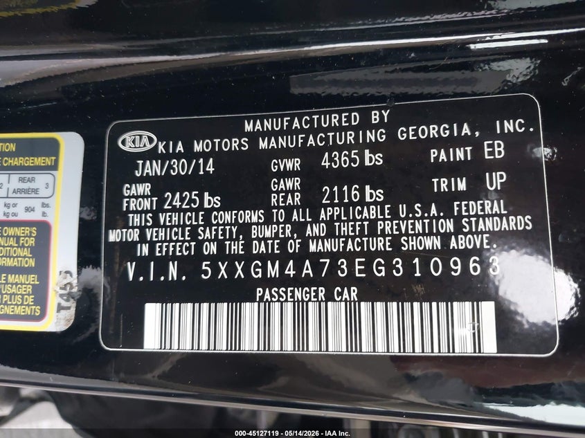 2014 Kia Optima VIN 5XXGM4A73EG310963 IAAI salvage auction — LEFT REAR, Salvage (Oregon), sold $700 on 2026-07-17 (photo 9)