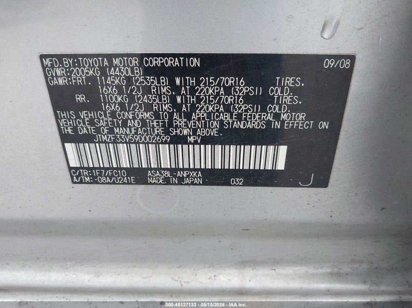 2009 Toyota Rav 4 VIN JTMZF33V59D002699 IAAI salvage auction — RIGHT SIDE, Bill Of Sale (Washington), sold $325 on 2026-07-08 (photo 9)