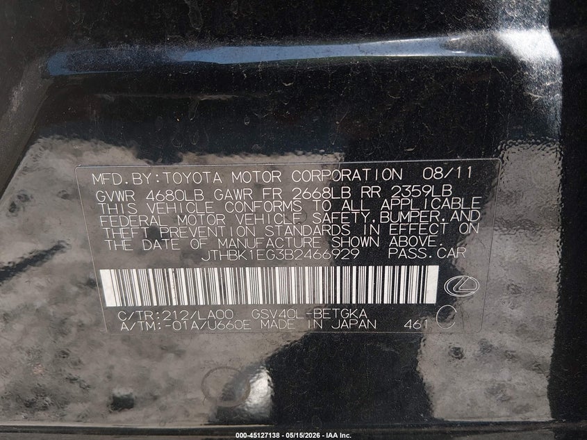 2011 Lexus Es 350 VIN JTHBK1EG3B2466929 IAAI salvage auction — LEFT FRONT, Salvage (Georgia), sold $950 on 2026-07-31 (photo 9)