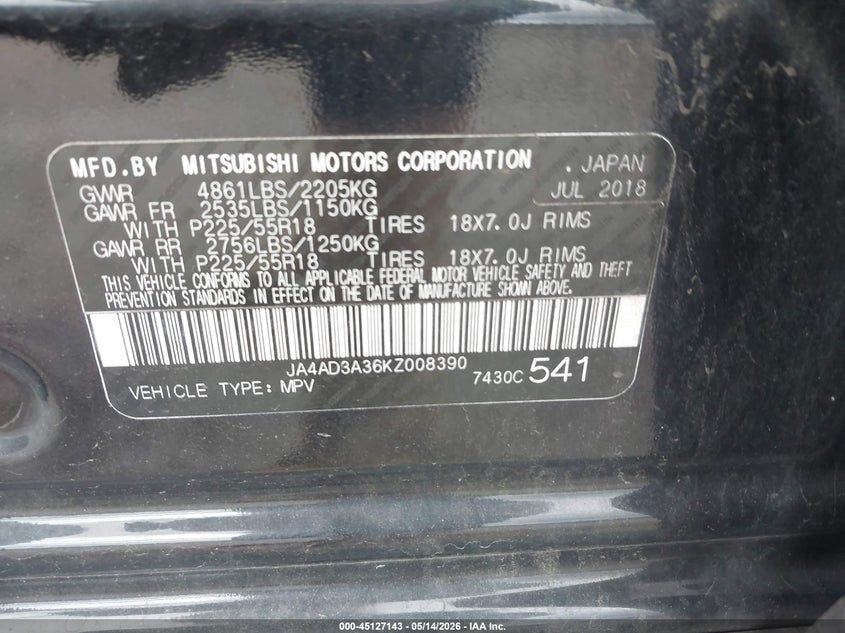 2019 Mitsubishi Outlander VIN JA4AD3A36KZ008390 IAAI salvage auction — FRONT END, Clear (Virginia), sold $1,600 on 2026-07-07 (photo 9)